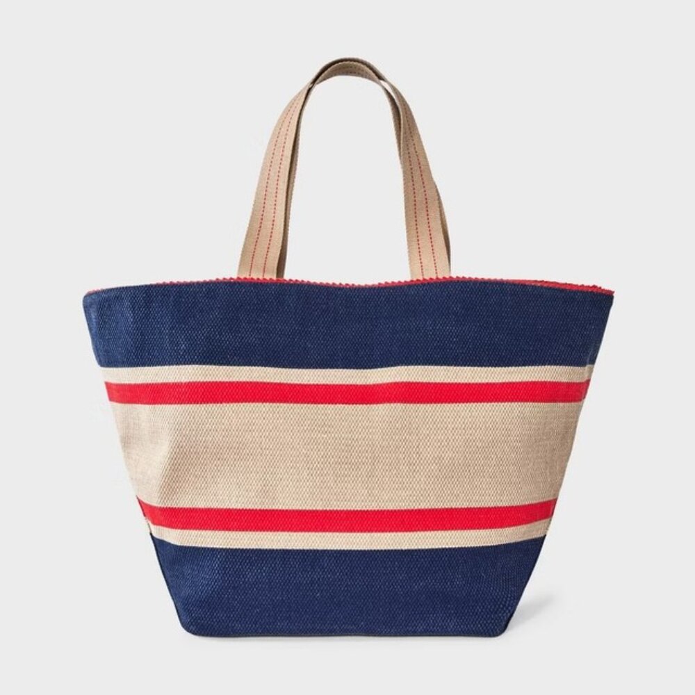 Universal Thread Navy/Red Striped Reversible Canvas Tote/NWT